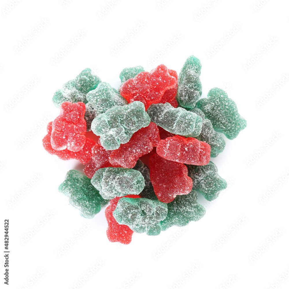 Heap of different jelly bears on white background