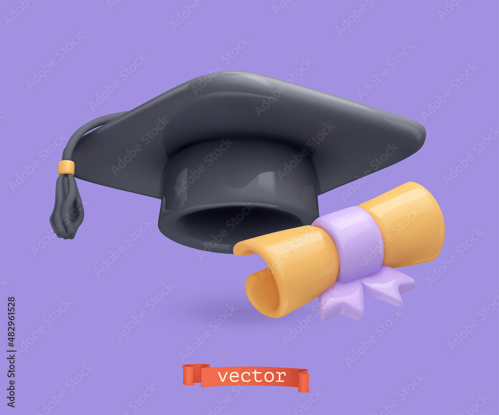 Graduation cap and diploma icon. 3d vector render object