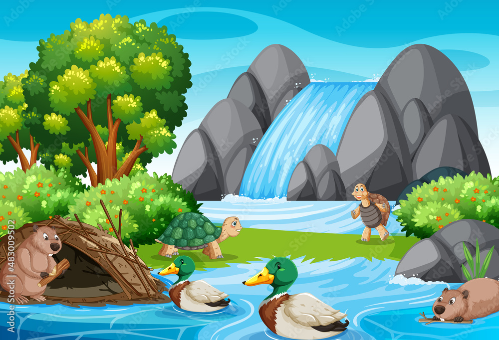 Waterfall in forest background with wild animals