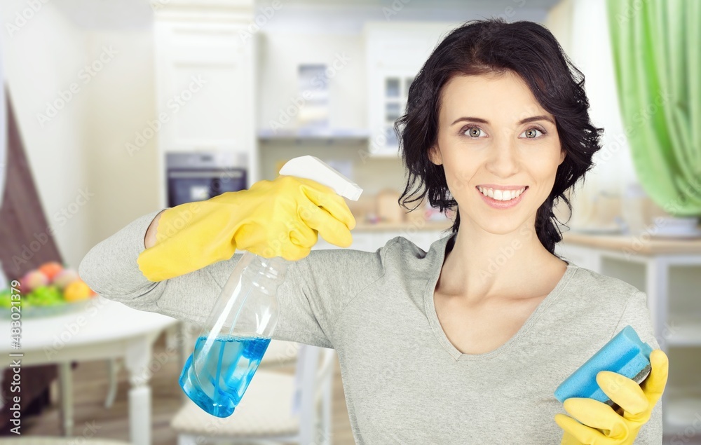 Photo of pretty adorable house wife cleaning kitchen indoors room home house