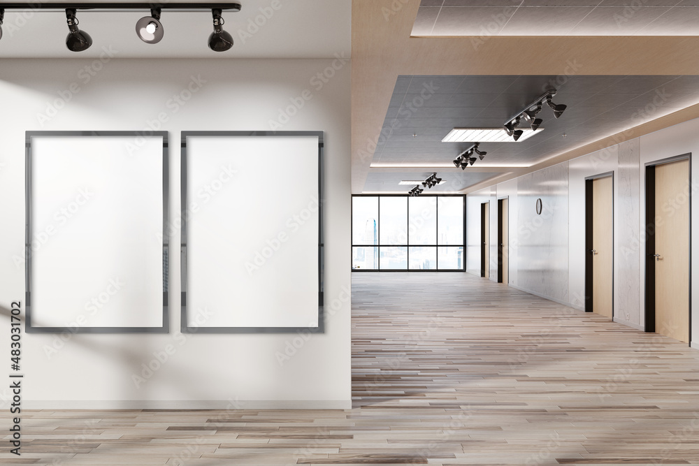 Two vertical frames Mockup hanging on wall. Mock up of billboards in modern wooden office interior 3