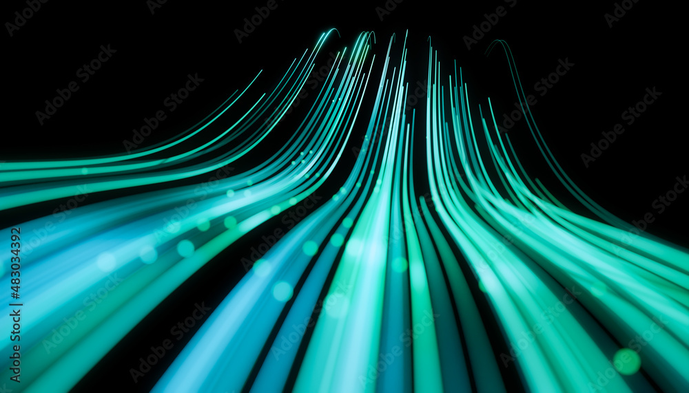 Wave lines trails flowing dynamic in green colors isolated on black background