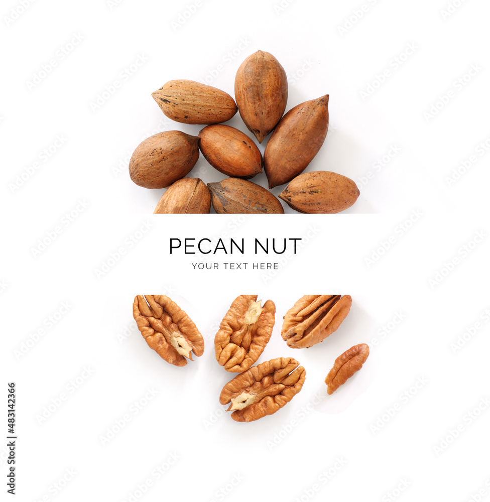 Creative layout made of pecan nuts on the white background. Flat lay. Food concept.