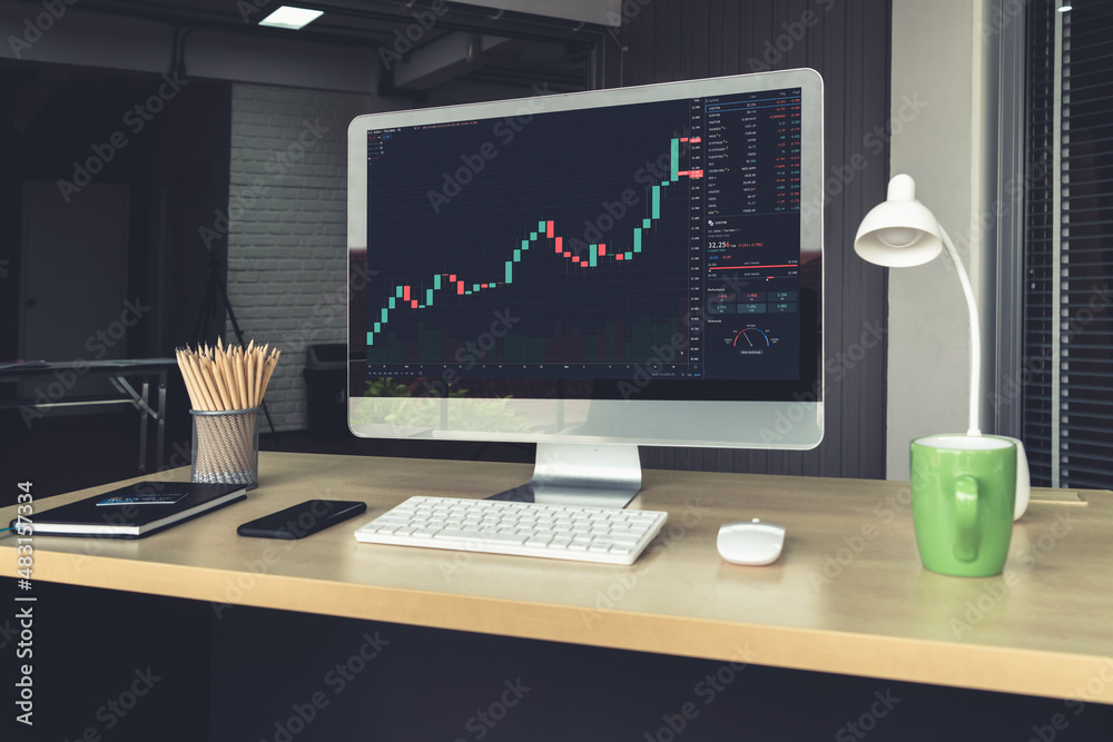 Stock market data chart analysis by ingenious computer software . Investment application display sto