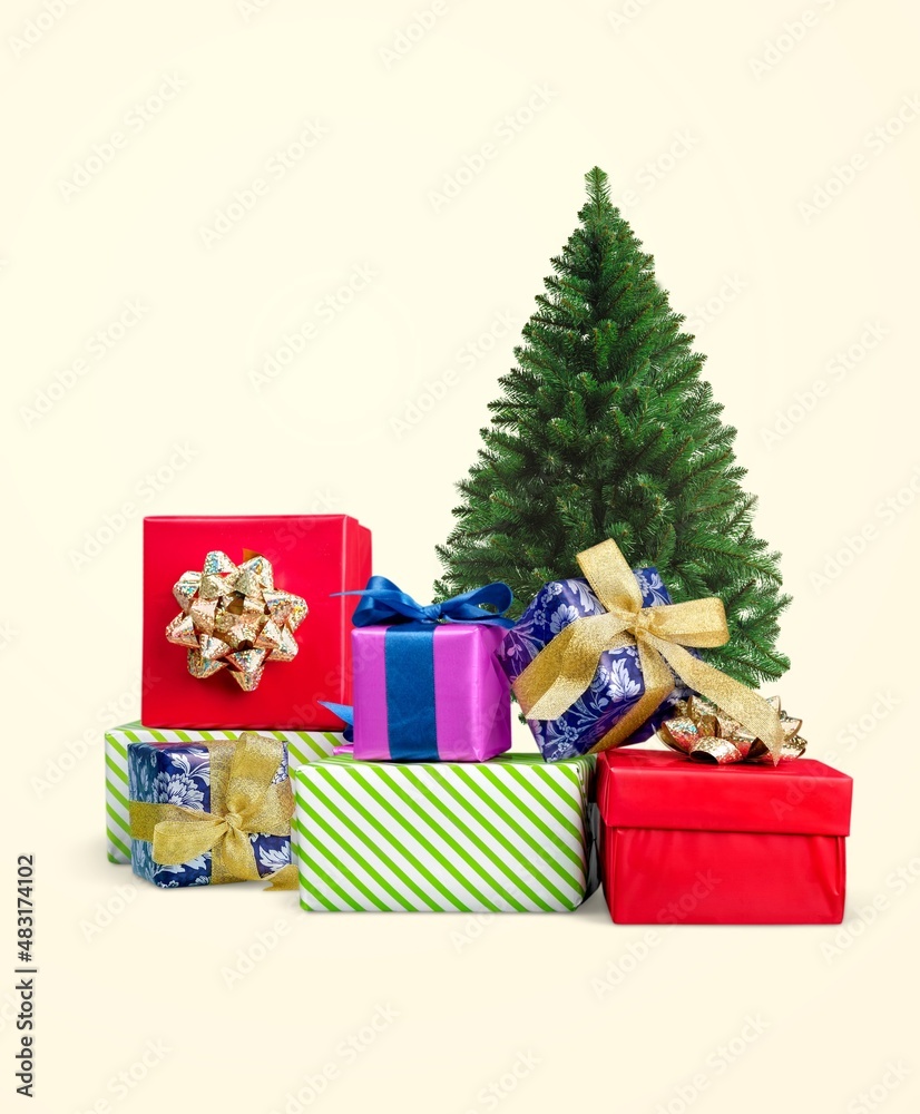 Christmas and new year concept with tree and gifts