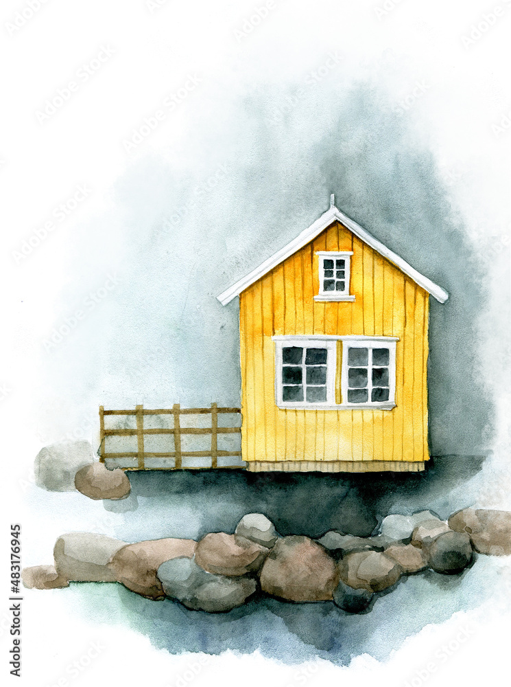 watercolor drawing. scandinavian landscape with cute house. yellow village house against the backdro