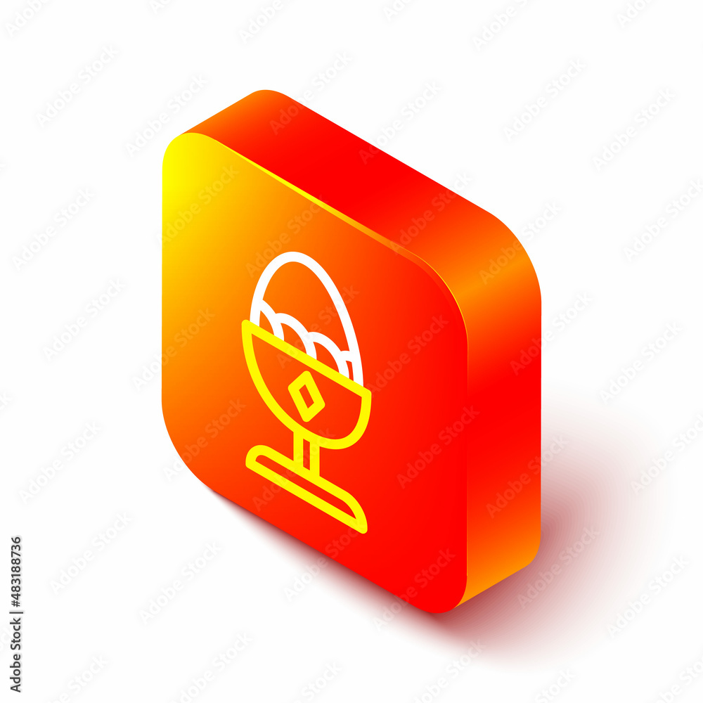 Isometric line Chicken egg on a stand icon isolated on white background. Orange square button. Vecto