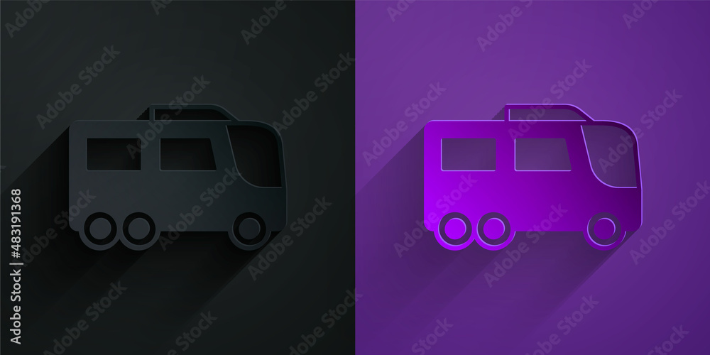 Paper cut Bus icon isolated on black on purple background. Transportation concept. Bus tour transpor