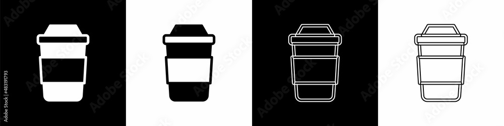 Set Cup of tea icon isolated on black and white background. Vector