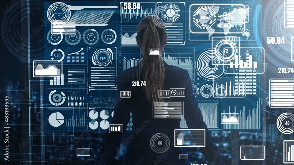 Big Data Technology for Business Finance Analytic conceptual . Modern graphic interface shows massiv