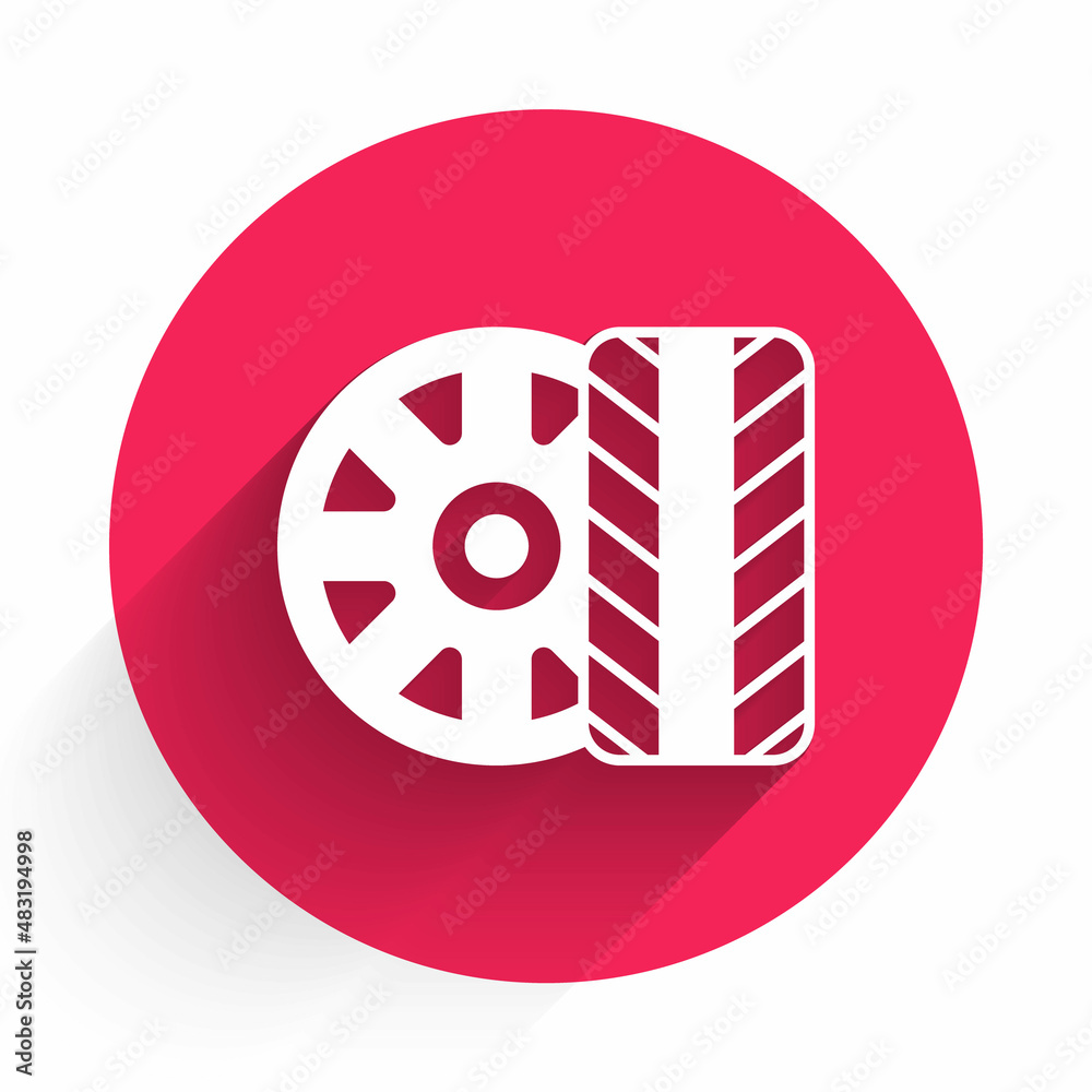 White Car tire wheel icon isolated with long shadow background. Red circle button. Vector