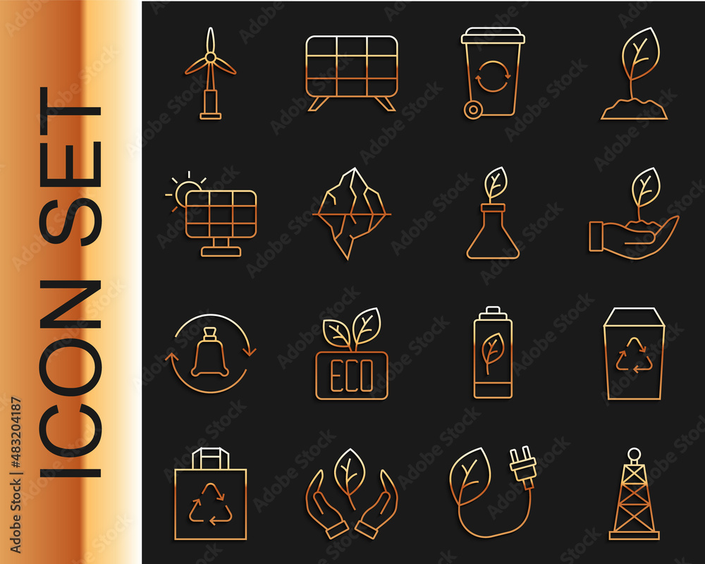 Set line Oil rig, Recycle bin, Plant hand, Iceberg, Solar energy panel, Wind turbine and breeding ic