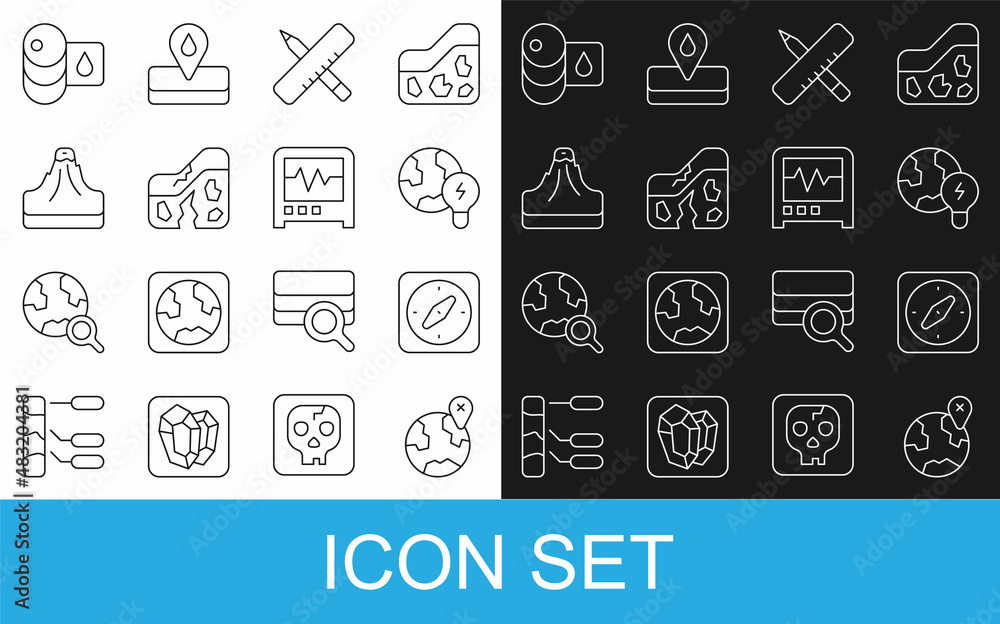 Set line Location on the globe, Compass, Global planet with bulb, Crossed ruler and pencil, Geologic