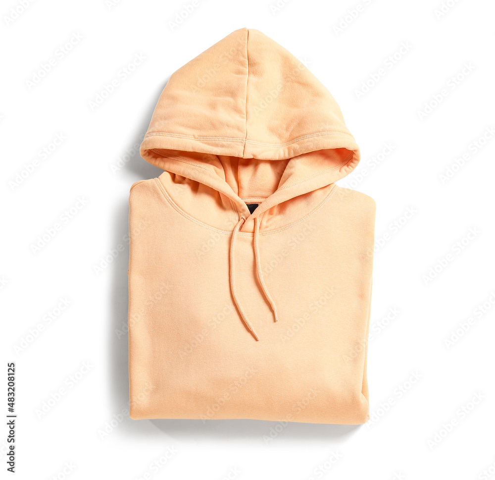 Stylish orange hoodie on white background