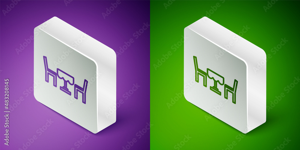 Isometric line French cafe icon isolated on purple and green background. Street cafe. Table and chai