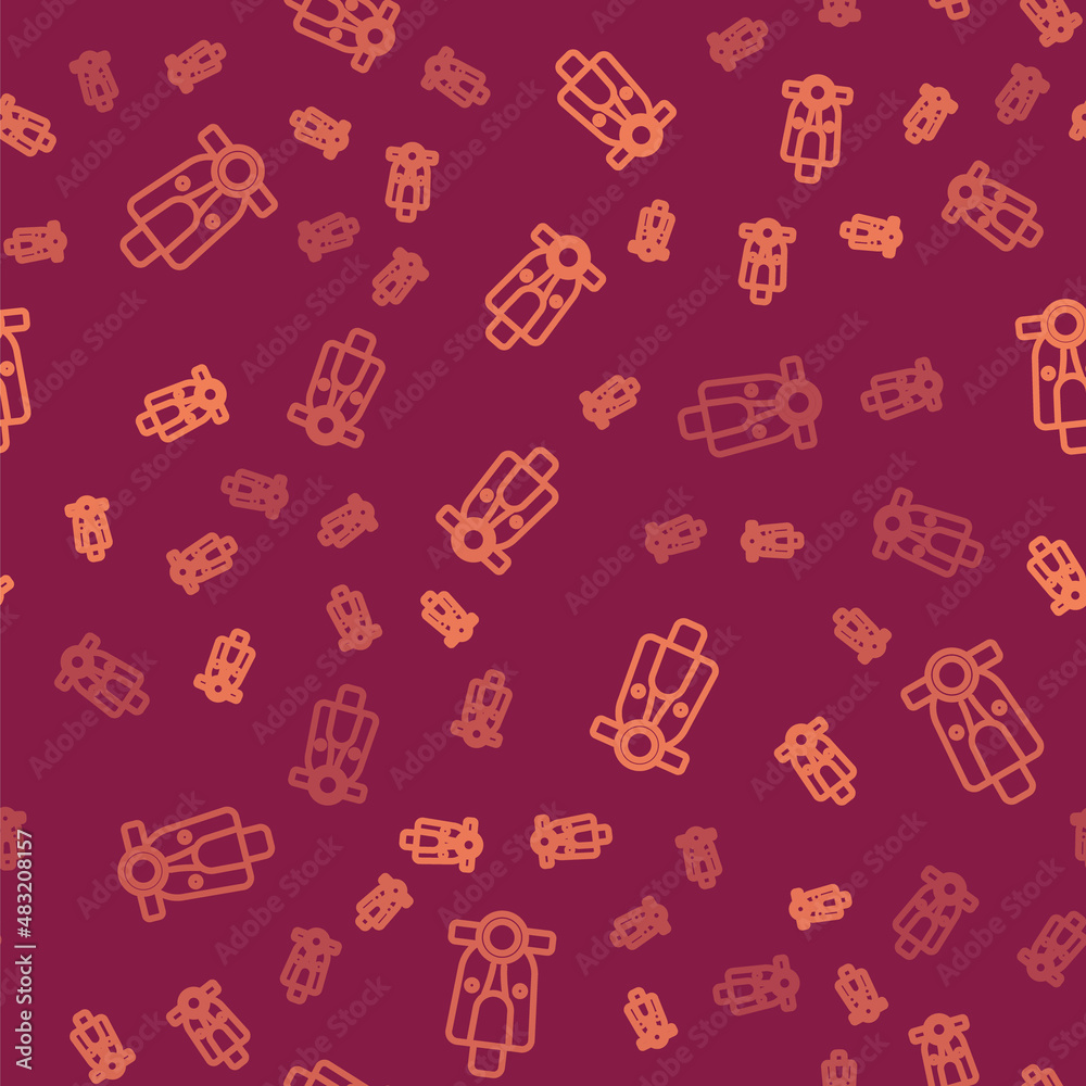 Brown line Scooter icon isolated seamless pattern on red background. Vector