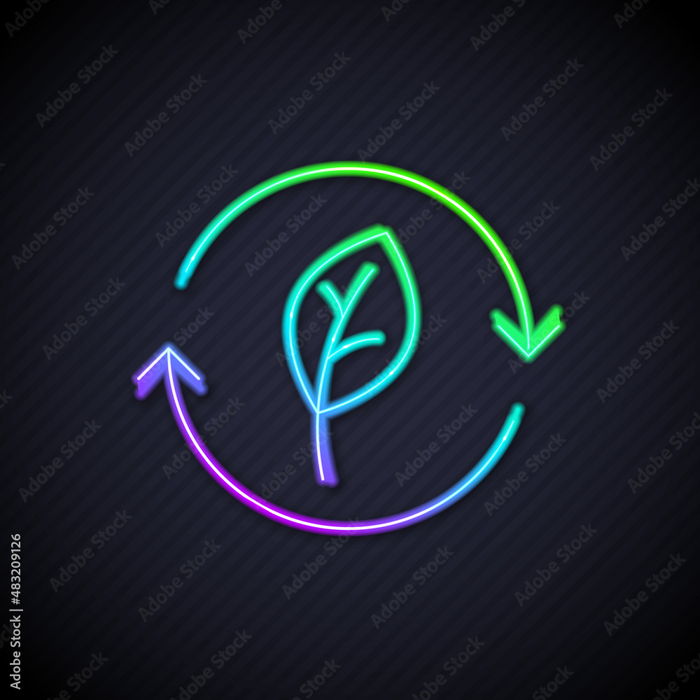 Glowing neon line Recycle symbol with leaf icon isolated on black background. Circular arrow icon. E