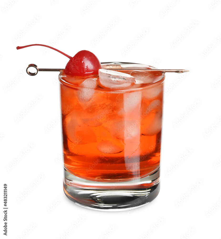 Glass of tasty Manhattan cocktail with cherry and ice on white background