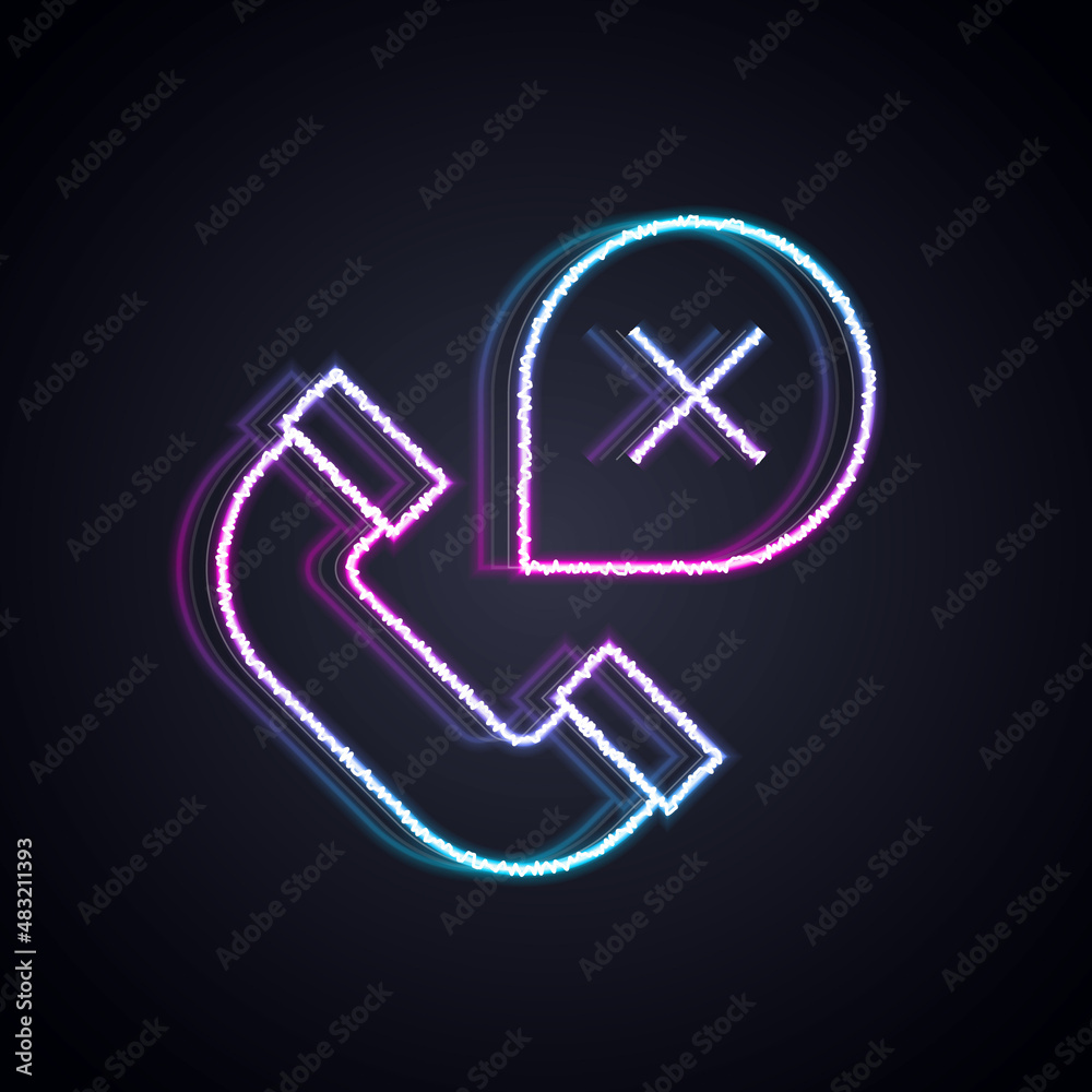 Glowing neon line Declined or missed phone call icon isolated on black background. Telephone handset