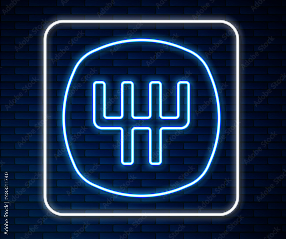 Glowing neon line Gear shifter icon isolated on brick wall background. Manual transmission icon. Vec