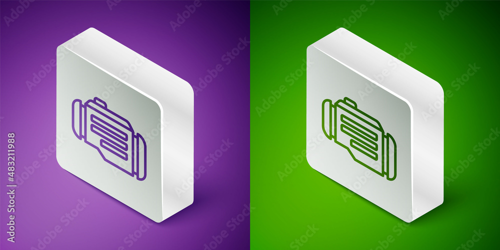 Isometric line Check engine icon isolated on purple and green background. Silver square button. Vect