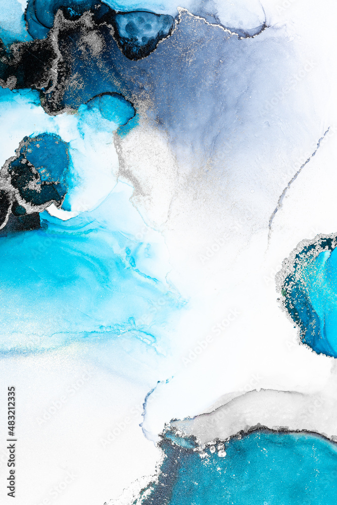 Blue silver abstract background of marble liquid ink art painting on paper . Image of original artwo