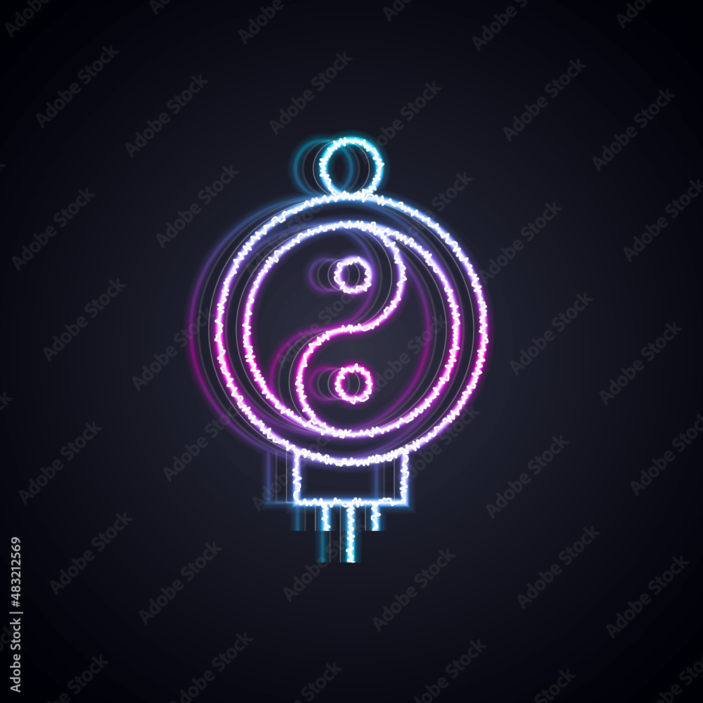 Glowing neon line Chinese paper lantern icon isolated on black background. Vector