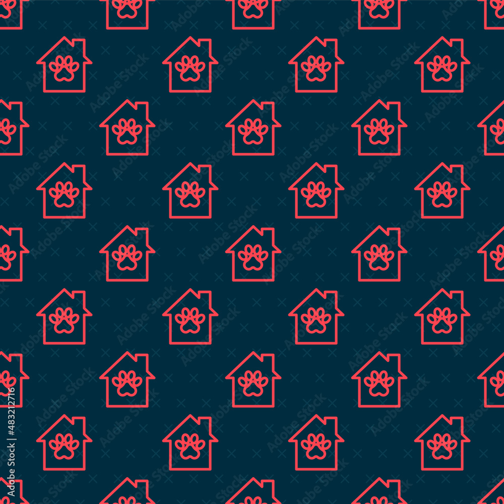 Red line Pet house icon isolated seamless pattern on black background. Vector