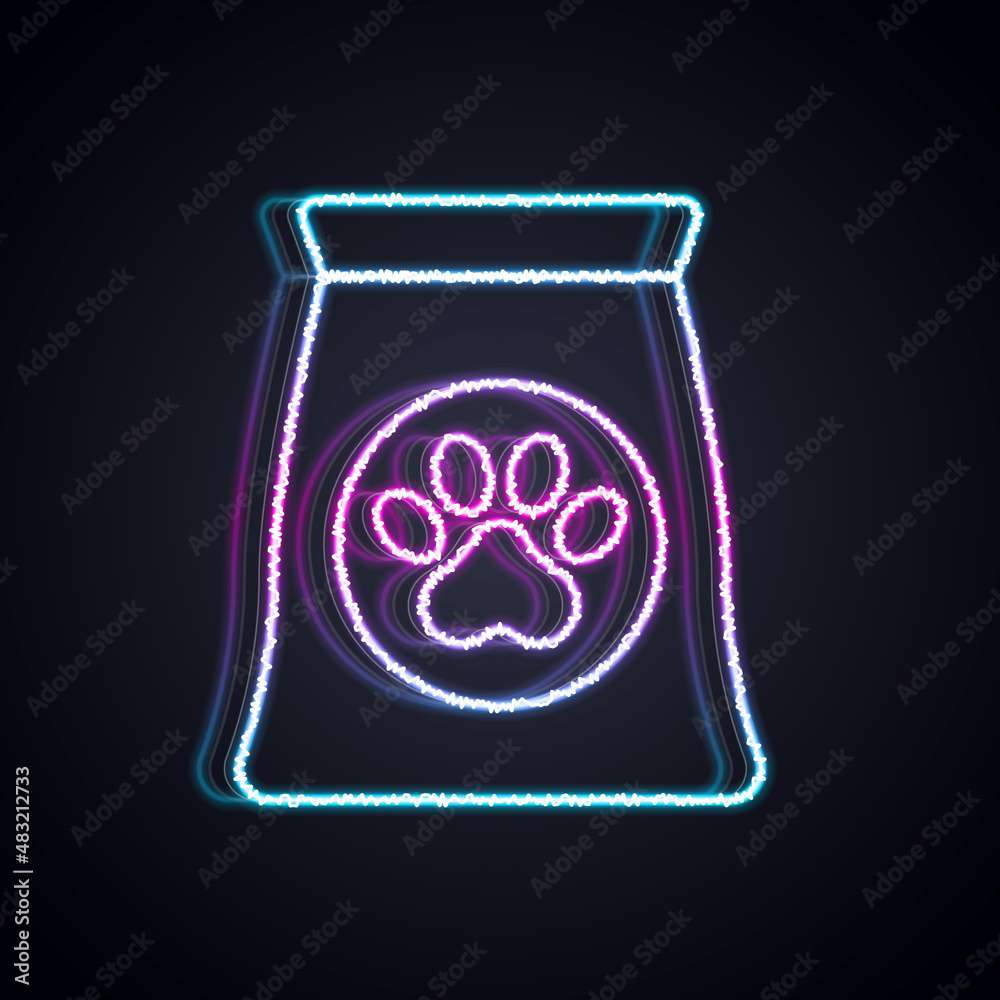 Glowing neon line Bag of food for pet icon isolated on black background. Food for animals. Dog bone 