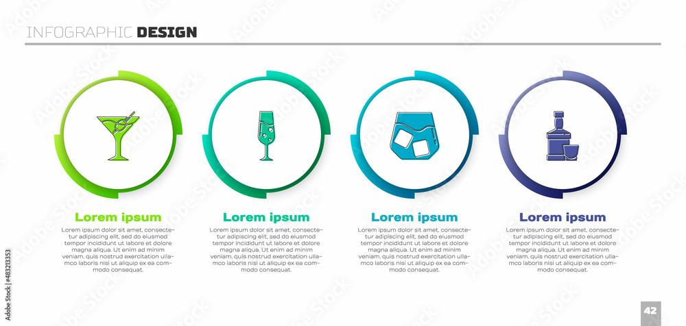 Set Martini glass, Glass of champagne, whiskey and Whiskey bottle and. Business infographic template