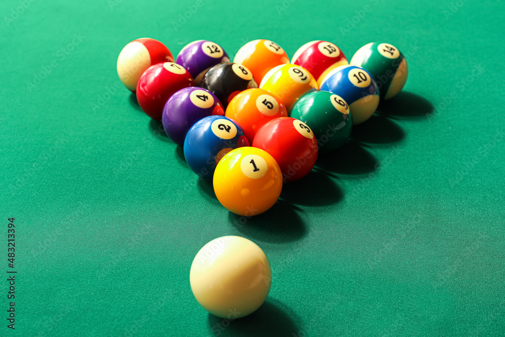 Different billiard balls on green table