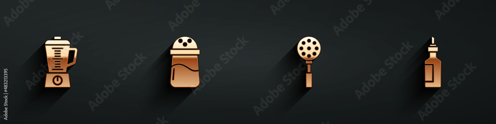 Set Blender, Salt, Spatula and Bottle of olive oil icon with long shadow. Vector