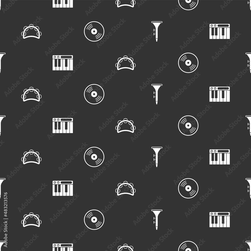 Set Drum and drum sticks, Music synthesizer, Tambourine and Vinyl disk on seamless pattern. Vector