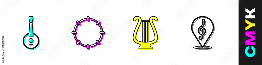 Set Banjo, Tambourine, Ancient lyre and Treble clef icon. Vector