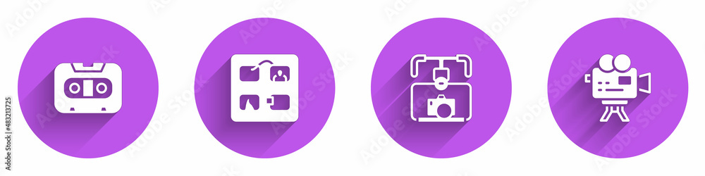 Set Retro audio cassette tape, Storyboard, Gimbal stabilizer with camera and cinema icon with long s