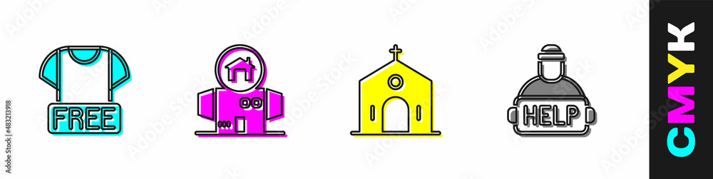 Set Clothes donation, Homeless cardboard house, Church building and Help homeless icon. Vector