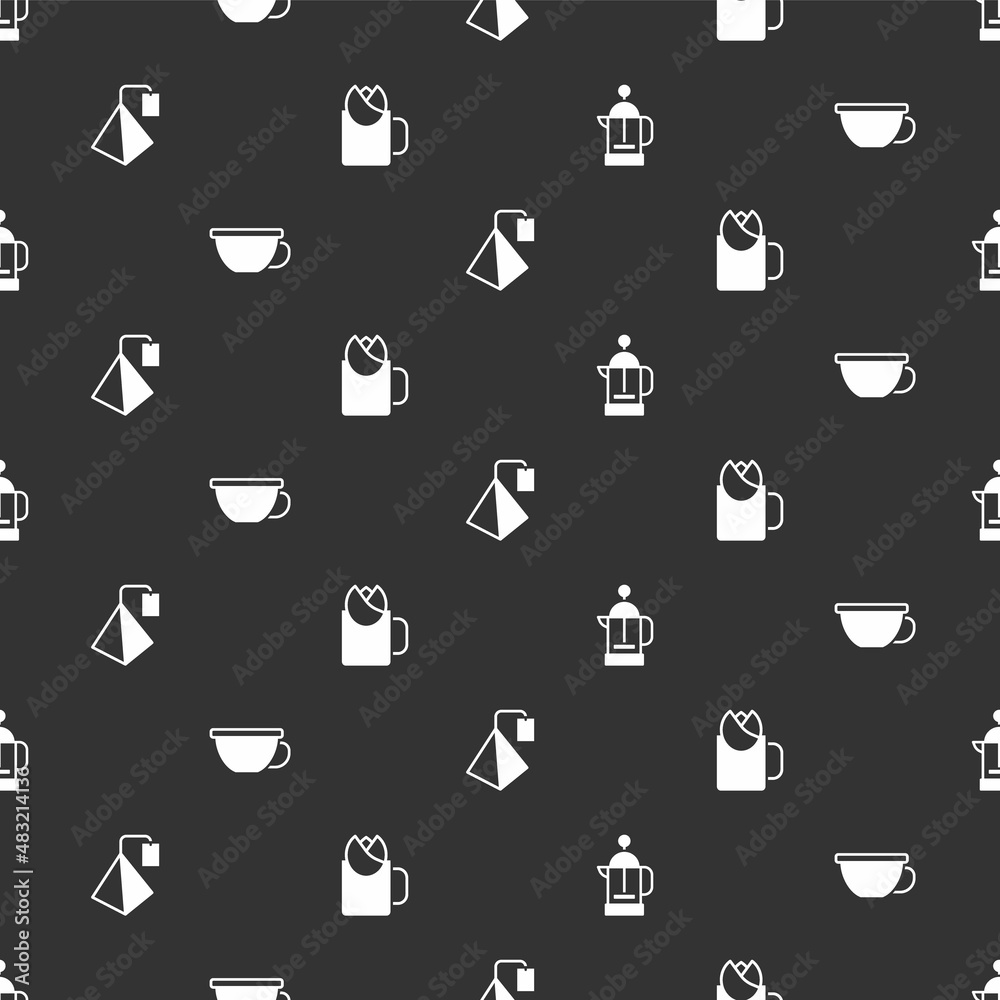 Set French press, Cup of tea, Tea bag and with rose on seamless pattern. Vector