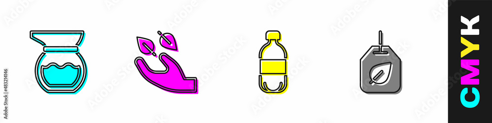 Set Teapot, leaf in hand, Bottle of water and bag with icon. Vector