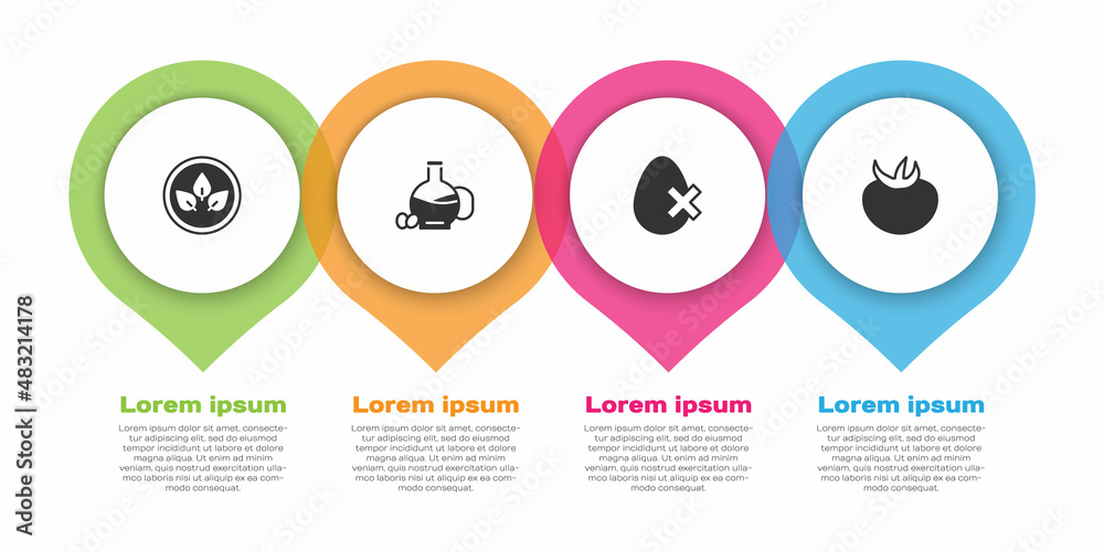 Set Vegan food diet, Bottle of olive oil, No egg and Tomato. Business infographic template. Vector