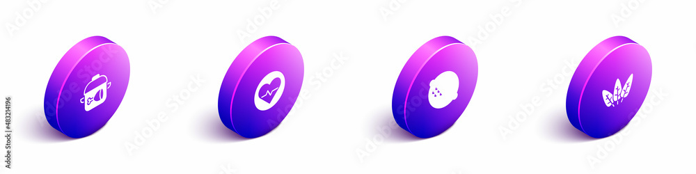 Set Isometric Cooking pot and chicken leg, Heart rate, Lemon and Leaf icon. Vector