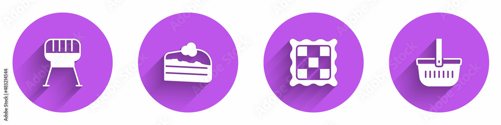 Set Barbecue grill, Piece of cake, Checkered napkin and Picnic basket icon with long shadow. Vector