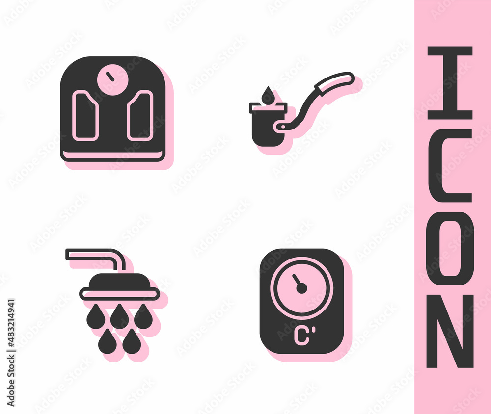 Set Sauna thermometer, Bathroom scales, Shower and ladle icon. Vector