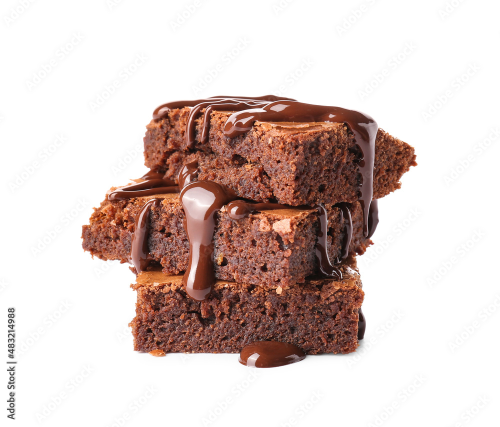 Pieces of tasty chocolate brownie isolated on white background