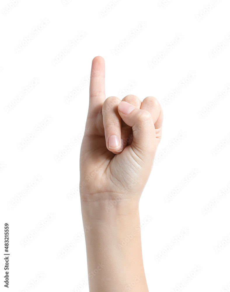 Child showing pinkie finger on white background