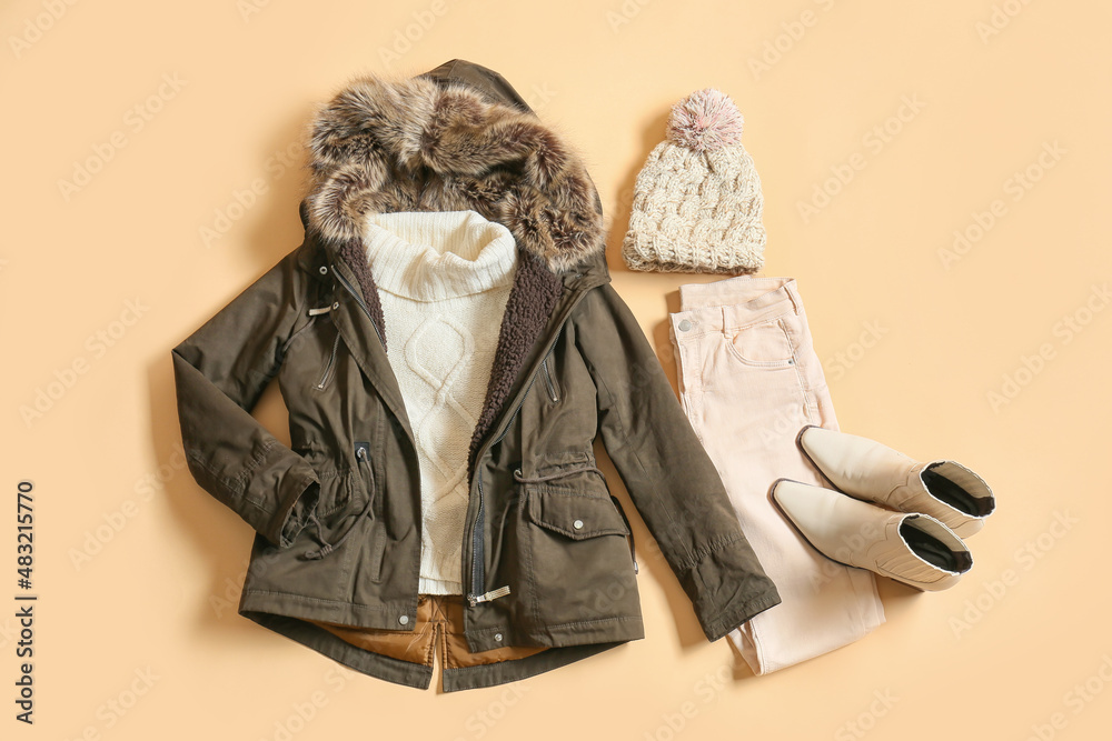 Jacket, sweater, hat, pants and shoes on color background