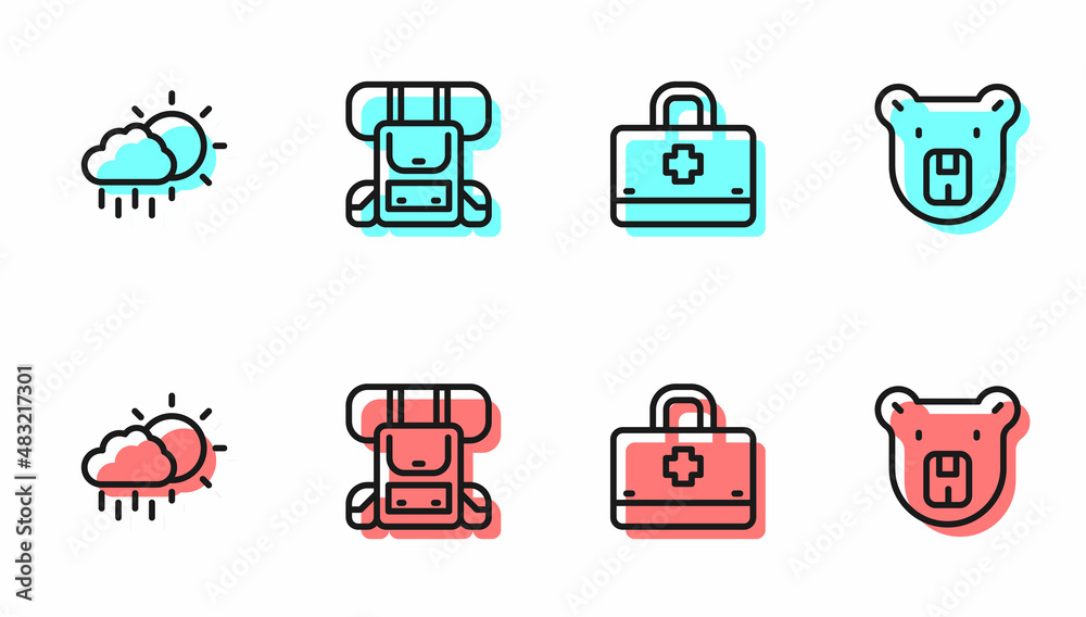 Set line First aid kit, Cloud with rain, Hiking backpack and Bear head icon. Vector