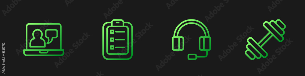 Set line Headphones, Online education, To do list or planning and Dumbbell. Gradient color icons. Ve