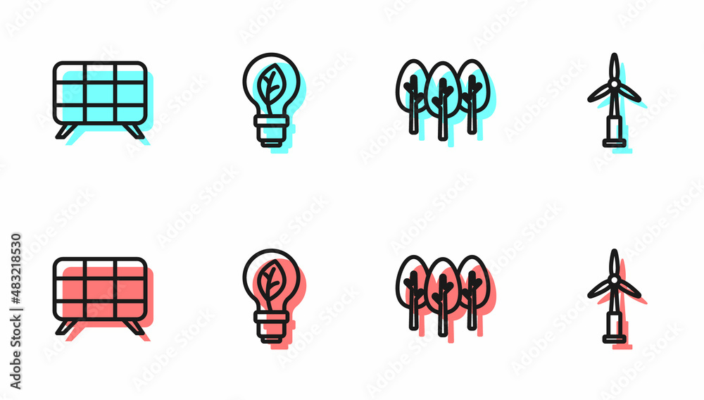 Set line Tree, Solar energy panel, Light bulb with leaf and Wind turbine icon. Vector