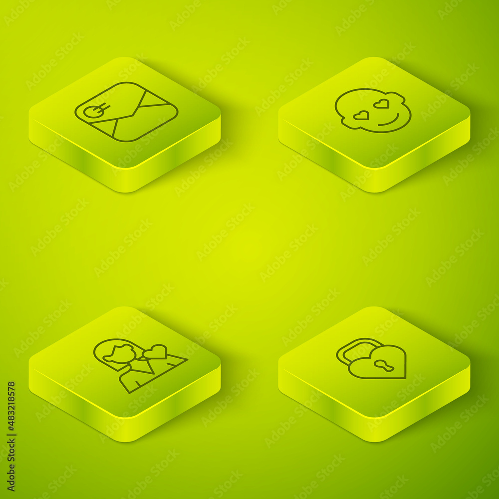 Set Isometric line Romantic man, girl, Castle in the shape of heart and Envelope with Valentine icon