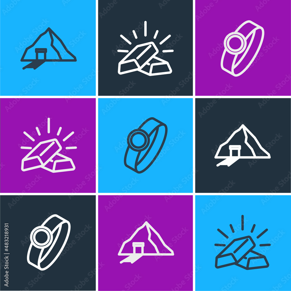 Set line Gold mine, ring and bars icon. Vector